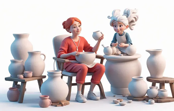 Crafting Joy a Whimsical Moment in the Pottery Studio 3D Character Illustration image